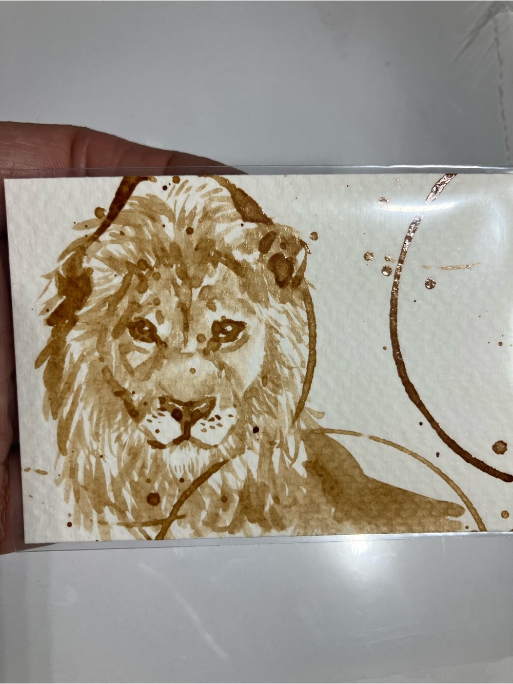 Aceo original lion coffee painting cat handmade ATC gift or treat yourself